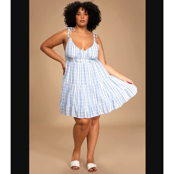 Lulus Shore of Yourself Blue Striped Tie Strap Tiered Mini Dress 2X Cotton NWT - Picture 3 of 12